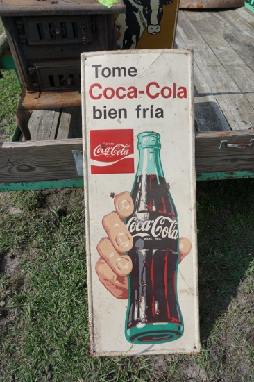 Coca Cola Sign in Spanish, 4' h, Tin PLUS Quaker State Motor Oil Tin Sign