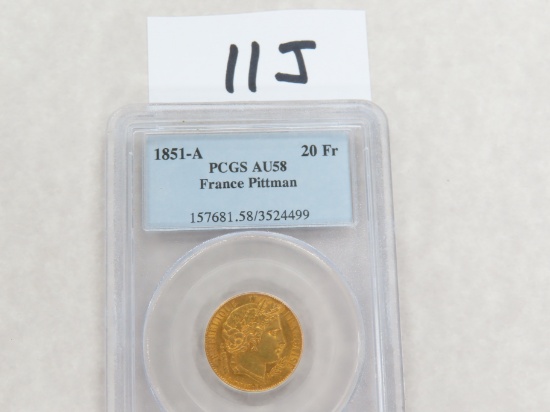 1851-A France 20 Francs, GOLD, PCGS Graded AU58. Actual Gold Weight = .1867 Ounce