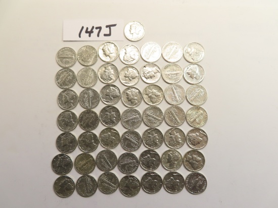 Fifty (50) Shiny Silver Mercury Dimes, Dates Unsearched, All One Money