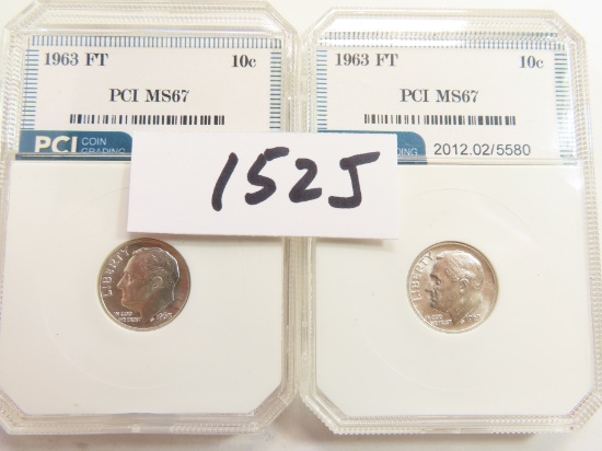TWO(2) X The MONEY: 1963 Silver Dime, PCI Graded MS67 FULL TORCH