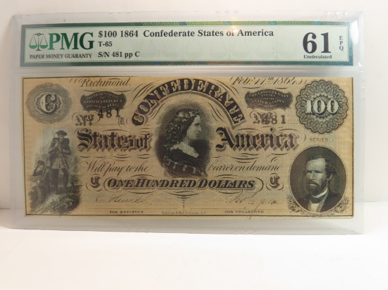 1864 $100 Confederate States of America, T-65 SN 481, PMG graded 61