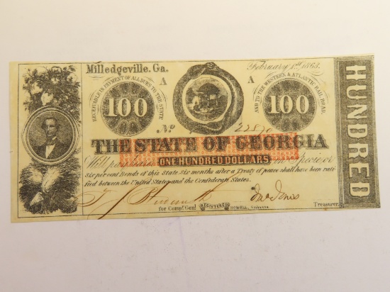 1863 $100 State of Georgia $100 Fully Issued Currency