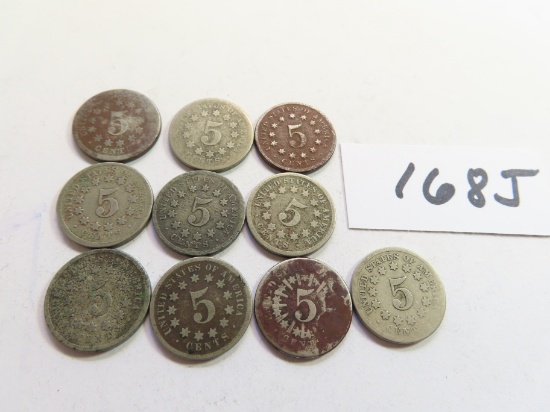 TEN (10) Shield Nickels, all 1868, All One Money