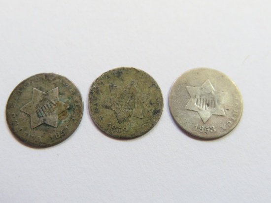 Three (3) Silver Three Cent Pieces, 1851,1852,1853. All One Money
