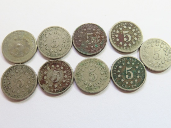 Nine (9) Shiled Nickels, Date Range 1869-1883, All One Money