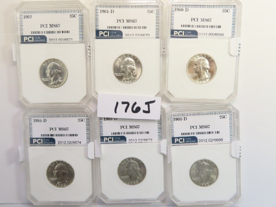Six (6) X The Money: PCI Graded MS67 Silver Washington Quarters