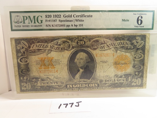 1922 $20 Gold Certificate, Friedberg # 1187, Speelman/White