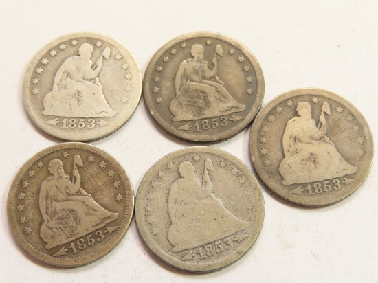 Five (5) X The Money: 1853 Seated Liberty Quarters, Silver