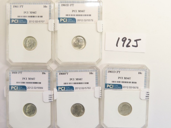 (5) X The Money: FULL TORCH PCI Graded MS67 Silver Dimes