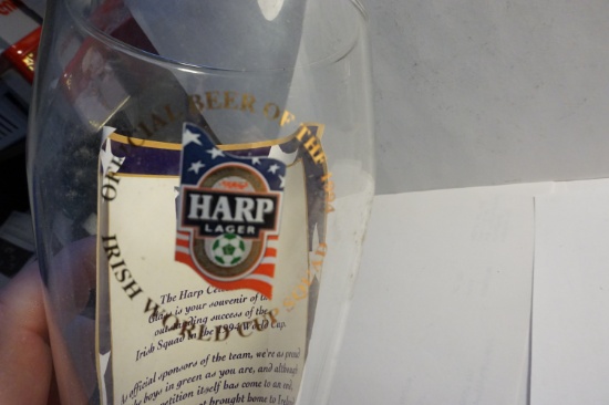 1994 HARP Lager Irish World Cup Squad official beer glass (pilsner), UN-USED, 9" Tall