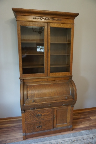 Victorian 1890-1910, American Oak Cylinder Roll Bureau/Bookcase. Original Blown Glass Doors, FINE!
