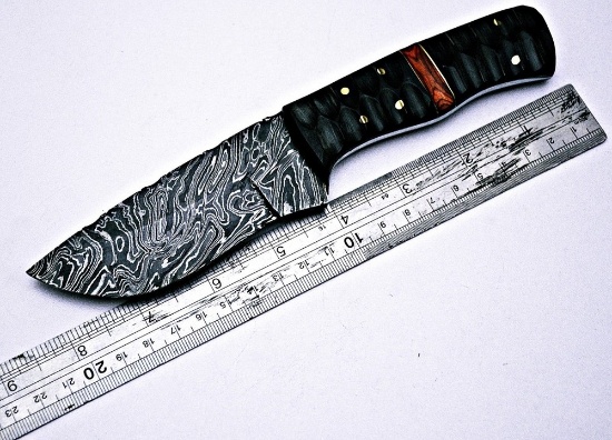"HRADIL STEEL" Handmade Damascus Blade Knife, 8" Hradil Steel. Red Stripe Handle