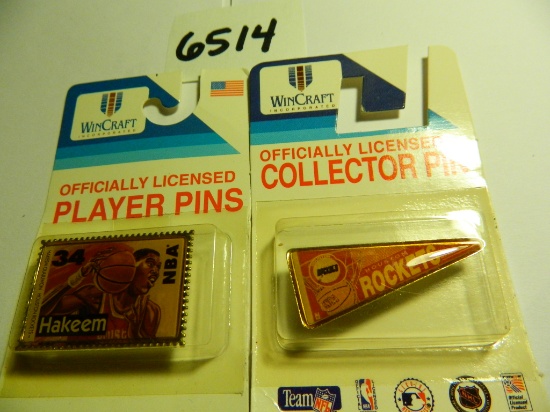 pair of Vintage Wincraft (Made in USA) Houston Rocket Collector Pins, Both One Money, Unopened