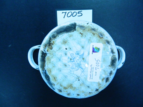 5.75" Chicken Wire Pattern Enamelware Sauce Pan with handles, some loss to porcelain, 19th Century