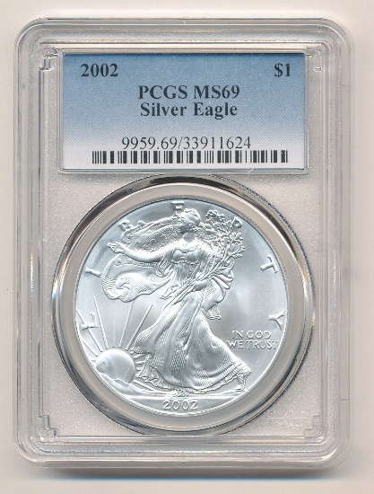 2002 Silver Eagle PCGS Graded MS69, One Ounce Fine Silver