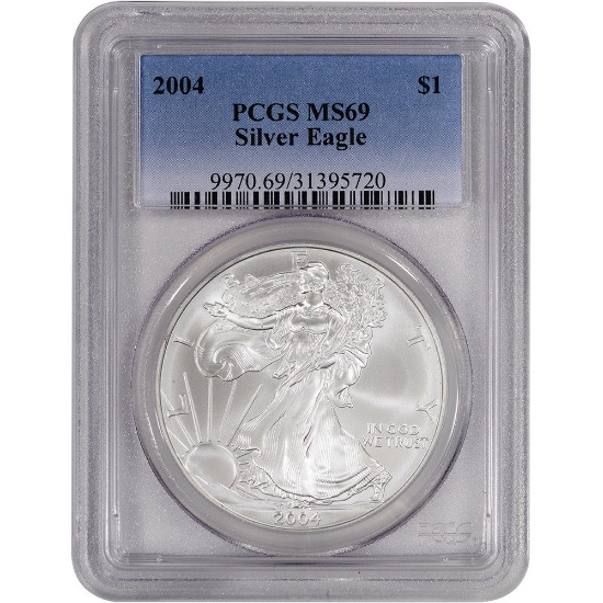 TWO (2) 2004 Silver Eagles PCGS Graded MS69, One Ounce Fine Silver Each, Both One Money