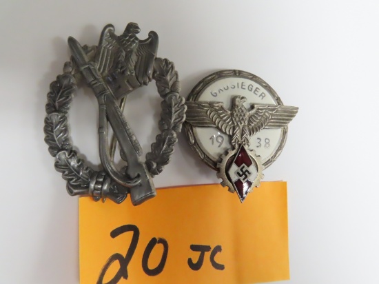 TWO (2) X the Money: NAZI Badges, one is infantry the other is gausieger youth badge, age unknown.