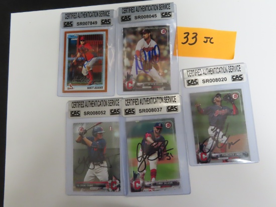 Five (5) Signed Baseball Cards, All One Money incl: Lindor, Andrew Miller, Matt Adams, Chang. All