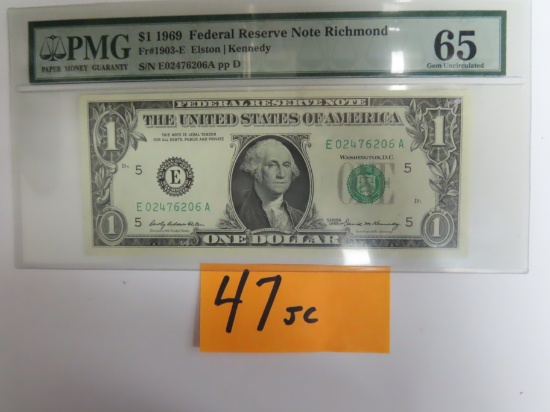 1969 $1 Federal Reserve Note, PMG Graded 65