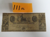 1850's THE MECHANICS BANK AUGUSTA GEORGIA BANK NOTE $5