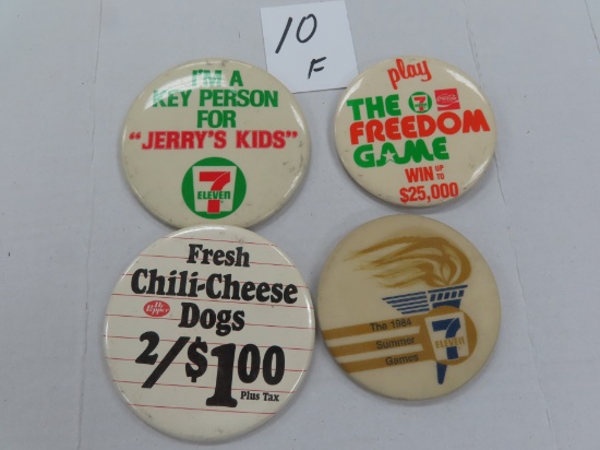Four (4) 1980's 7-Eleven Store Buttons for Clerks. All One Money
