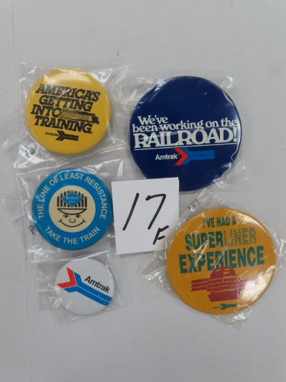 Five (5) Vintage Train Pin Back Buttons for One Money.