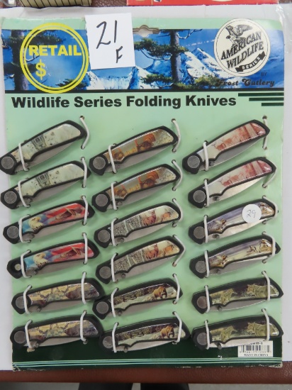Eighteen (18) X The Money, Frost Folding Knives (Wildlife), 3.5" Closed. Frost Cutlery Store Display