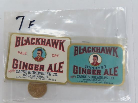 TWO (2) Vintage Ginger Ale Labels AND Vintage Creotina Remedies Token. Belleville, IL.