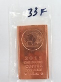 2011 One Pound .999 Fine Copper Bullion Bar, USA.