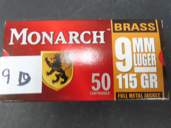 Fifty (50) Rounds: 9mm Monarch 115 grain brass, full metal jacket.