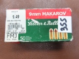 Box of Fifty (50) Sellier & Bellot 9mm MAKAROV Cartridges. Czech Republic
