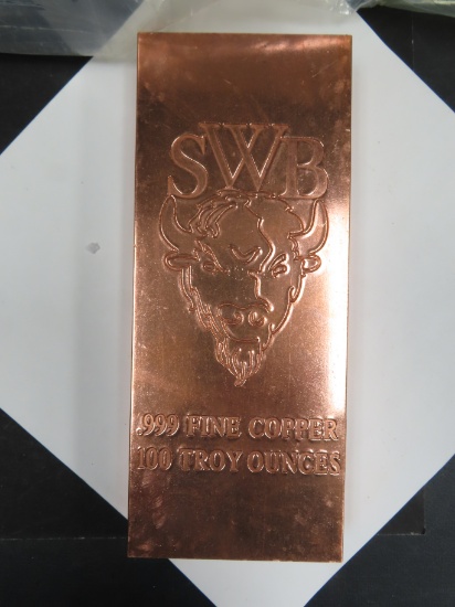 One Hundred Ounce .999 Fine Copper Bullion Bar, 100 Troy Ounce, SWB Buffalo Logo, 6 lbs, $16 Ship