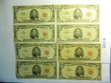 Eight (8) 1963 Red Seal Five Dollar Notes, All One Money