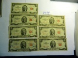 Seven (7) 1953 B Red Seal $2 Notes, All One Money