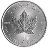 TWO (2) One Ounce Canadian Silver Maple Leaf Coins, .9999 Fine Silver, Dates Our Choice, All One $