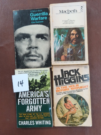 Four (4) paperbacks incl Guerilla Warfare, Bob Dylan, Macbeth, WWII, Jack Higgins.