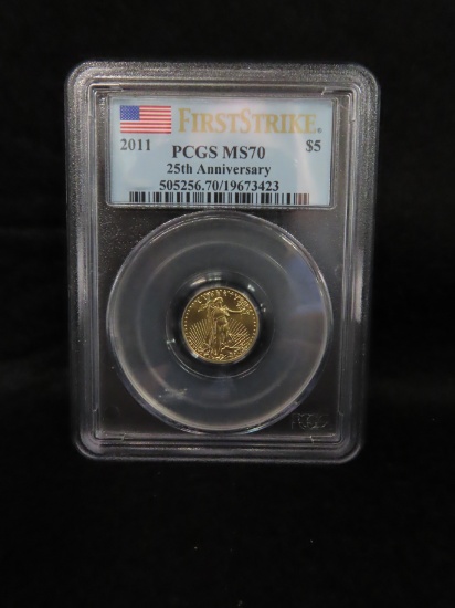 GOLD: 2011 25th Anniversary $5 Gold Eagle, 1/10 ounce Fine Gold, PCGS Graded MS70 First Strike