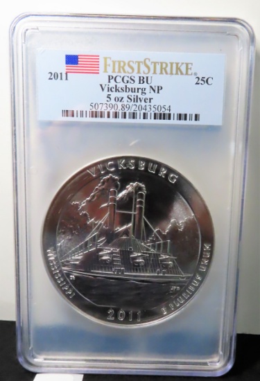 Five (5) Ounce Fine Silver: 2011 Vicksburg Five Ounce Quarter, PCGS Certified BU, First Strike.