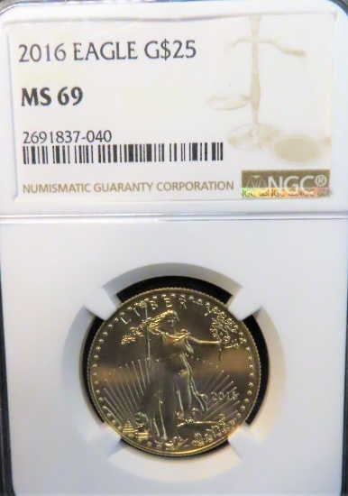 Half Ounce Fine Gold: 2016 Gold U.S. $25 Eagle, NGC Graded MS69