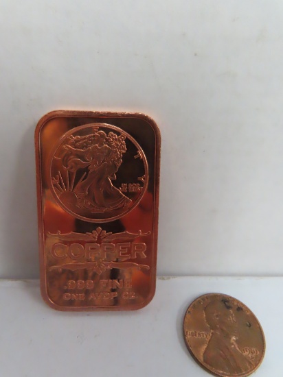 One Ounce .999 Fine Copper Bullion Ingot.