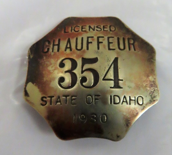1.75"x1.75" Licensed Chauffeur #354 State of Idaho 1930, back marked: The Irwin-Hodson Co. Portland