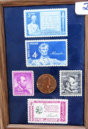 Abraham Lincoln (Republican Party) Stamps and One Cent in mini frame.