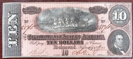 1864 $10 Confederate States of America Currency, CH-EF, Colwin Inv # 353