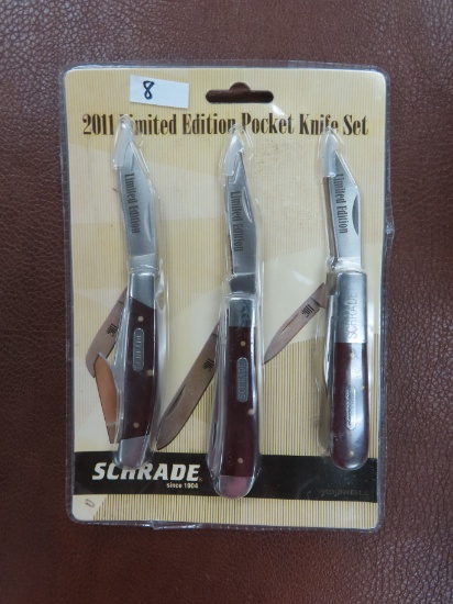 2011 Schrade LE Three Piece Pocket Knife Set, Unopened.