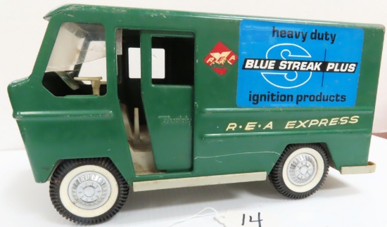 1960's Buddy L Railway Express Agency REA Delivery Van, 11.5" long, Front Axle is Spring Loaded.