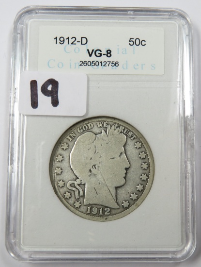 1912-D Silver Barber Half Dollar, CCG Graded VG-8