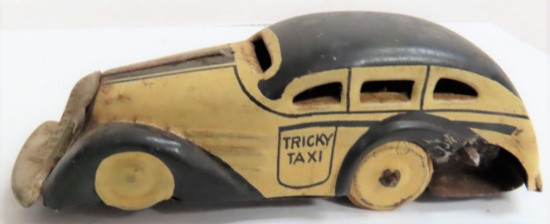Vintage 1930s Marx Tricky Taxi Tin Litho Wind Up Toy Car White/Black 4.5?L, NOTE: NO KEY, UNTESTED,