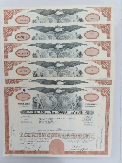 SIX (6) Pan American World Airways Stock Certificates, one $