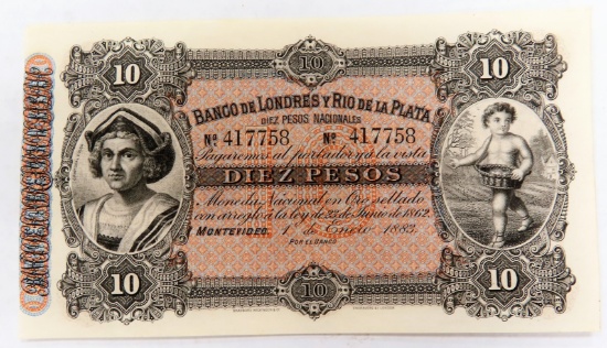 1883 Uraguay TEN PESOS, UNC Note.