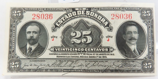 1915 State of Sonora, Mexico. 25 Centavos, UNC.